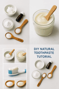 ngredienti ordinati su un piano chiaro (olio di cocco, bicarbonato, cucchiaini, olio essenziale) – stile minimal, pulito.